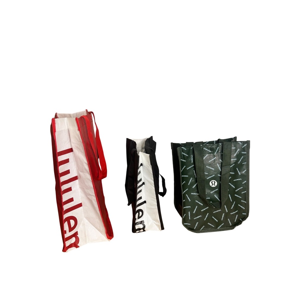 Lululemon Reusable Tote Bag Bundle Set of 3‎ Red Black Green Logo Shopping Bags